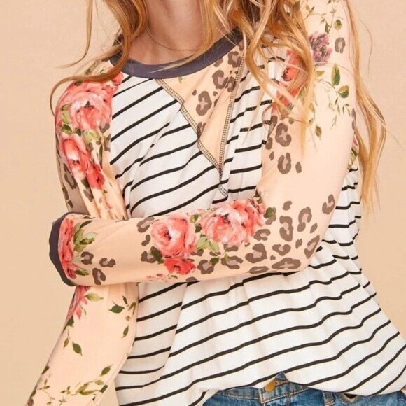 Striped Animal Floral Print Long Sleeve Shirt Women Small New Gray Peach - Picture 6 of 16